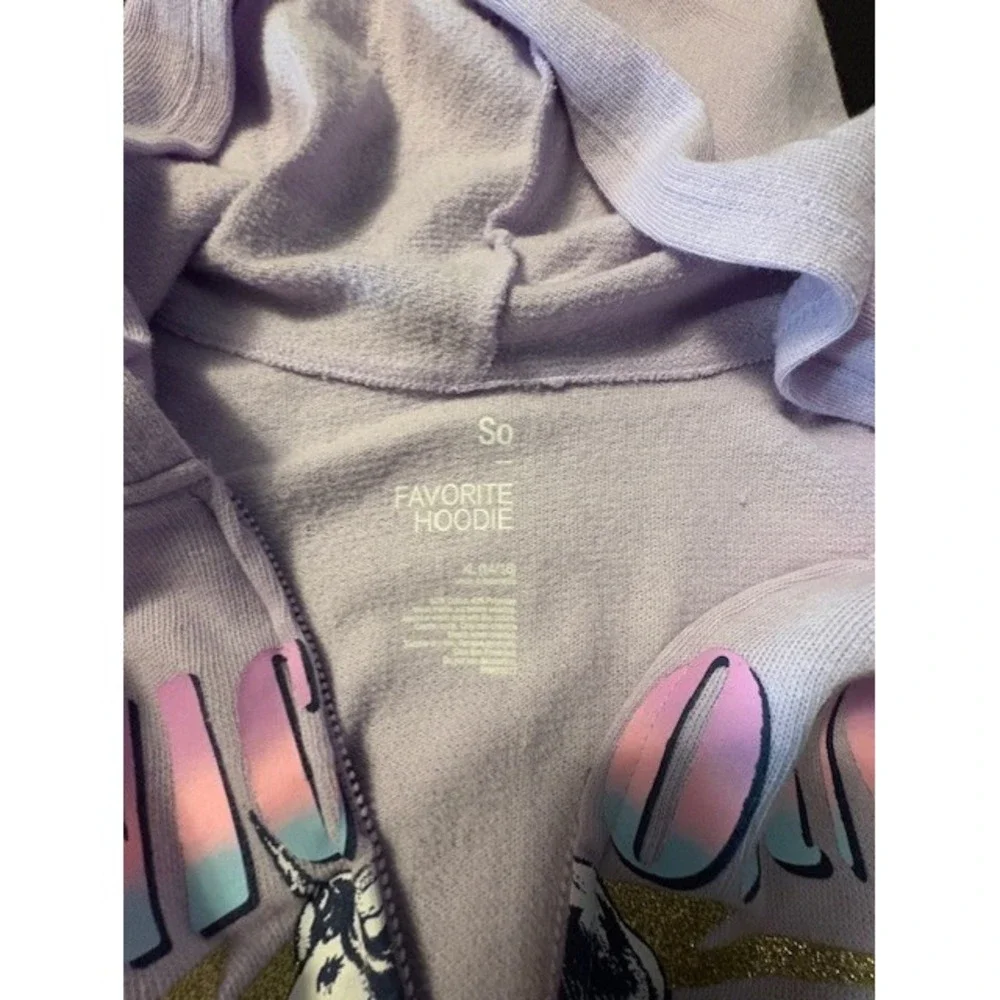 SO Lightweight purple zip up hooded sweatshirt with unicorn design, kids size XL